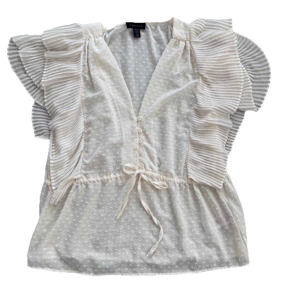 Topshop Ivory Cream Swiss Dot Pleated Ruffle Tie Blouse Womens Sz Petite 4 Boho